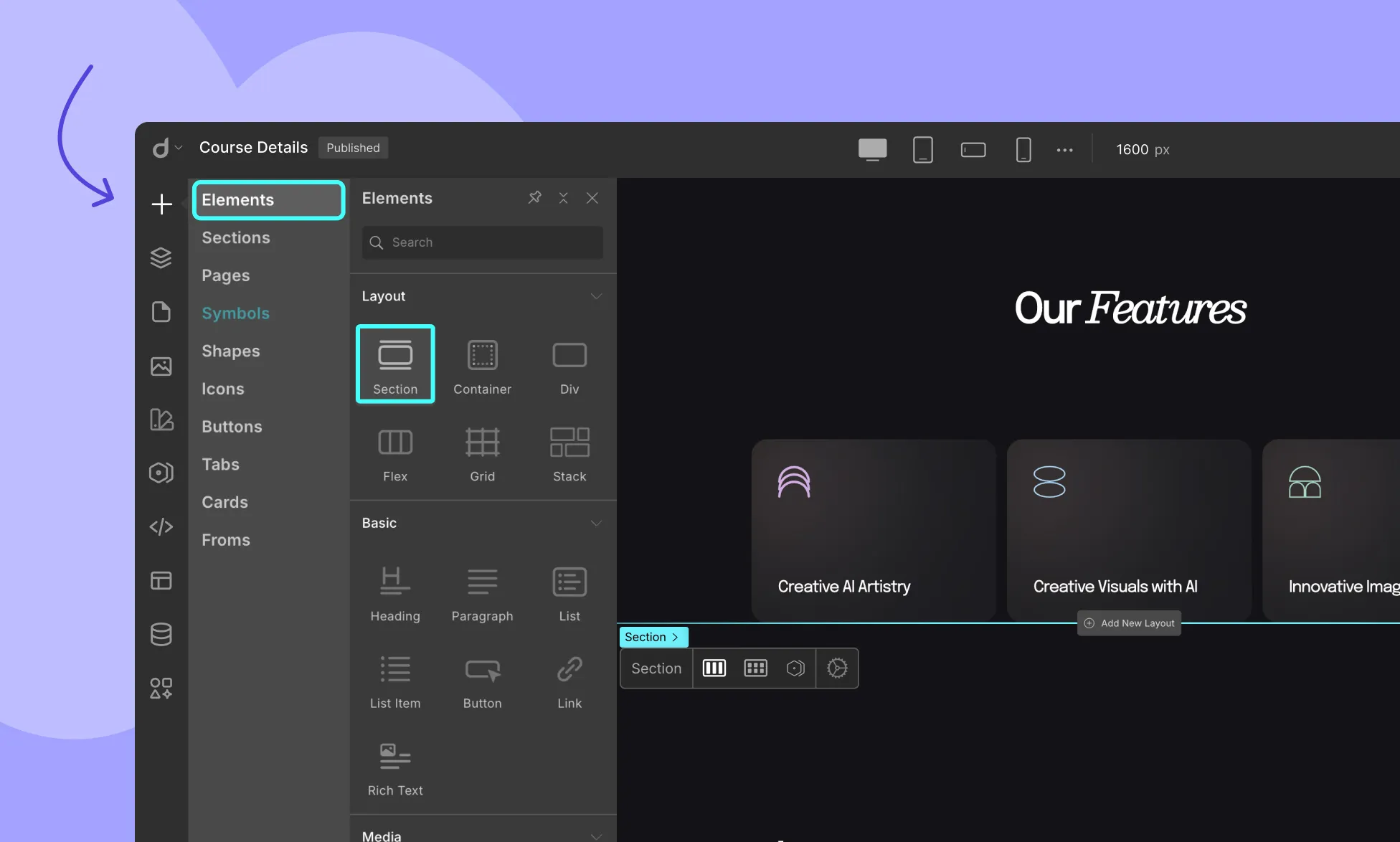Adding a Section in Droip
