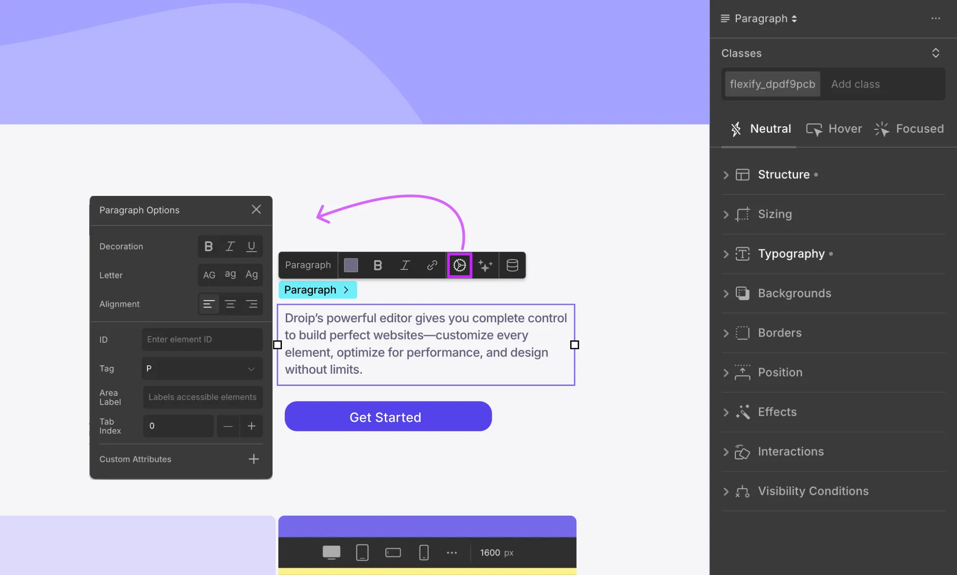 Paragraph options in Droip