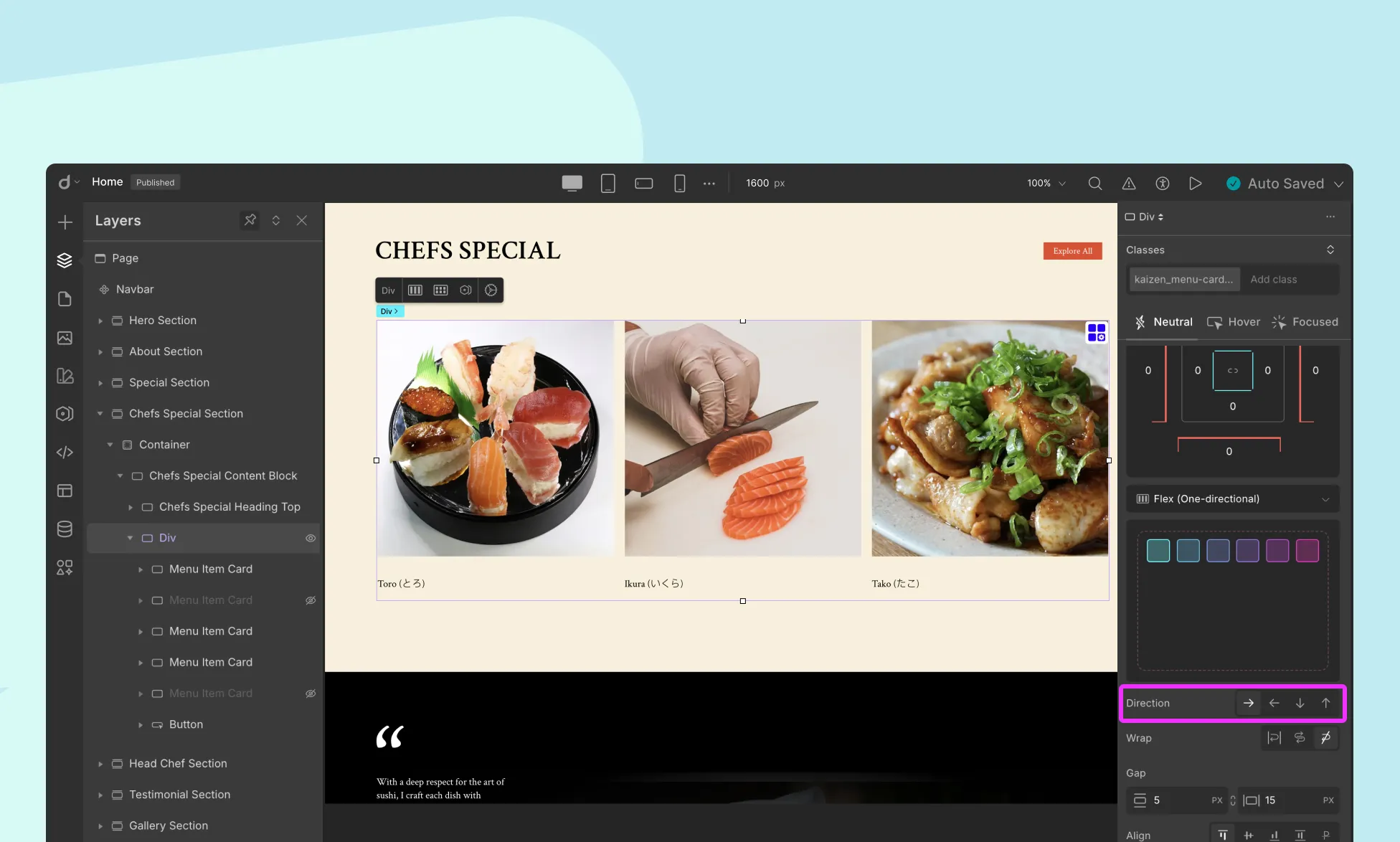 Flexbox Direction in Droip