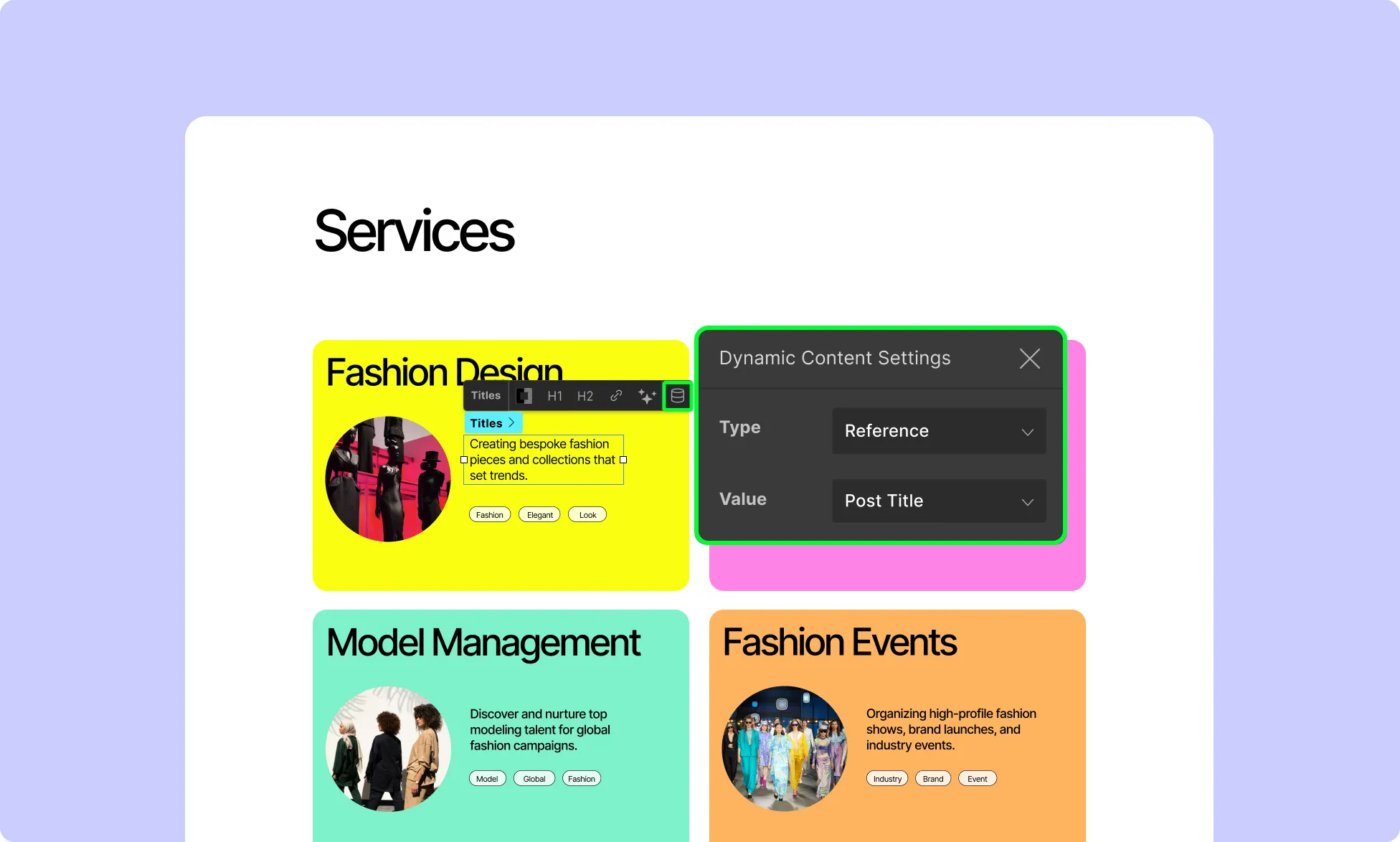 Connect elements to dynamic content fields