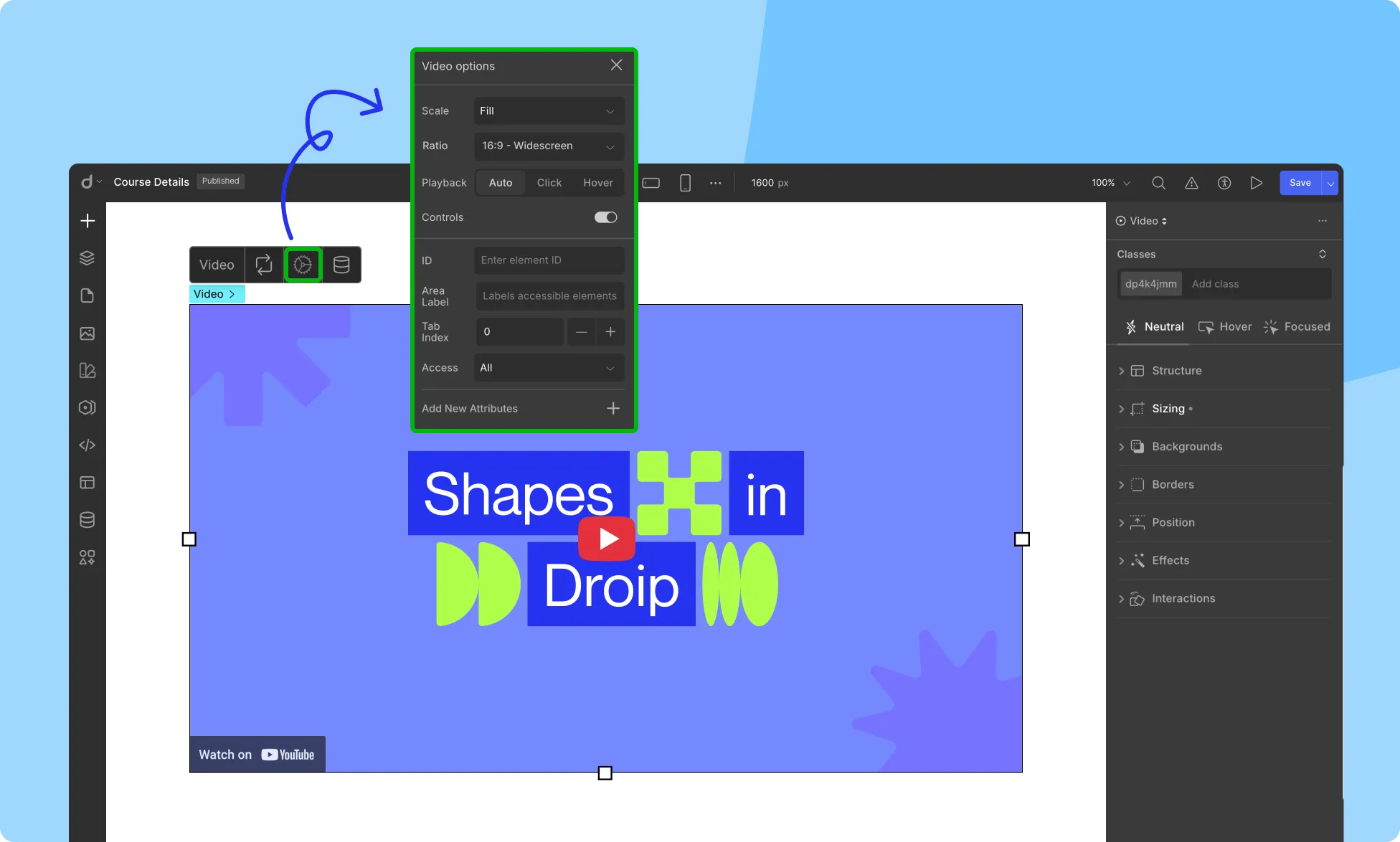 Embedded Video Settings in Droip