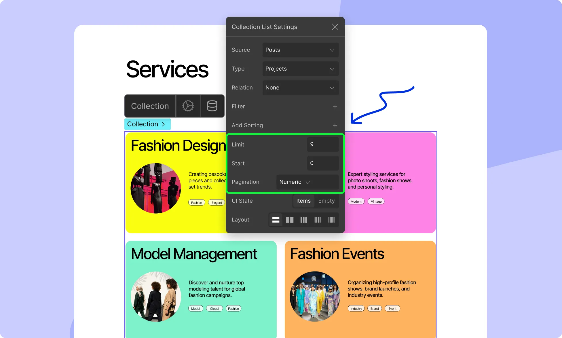 Items pagination of Collection items in Droip 