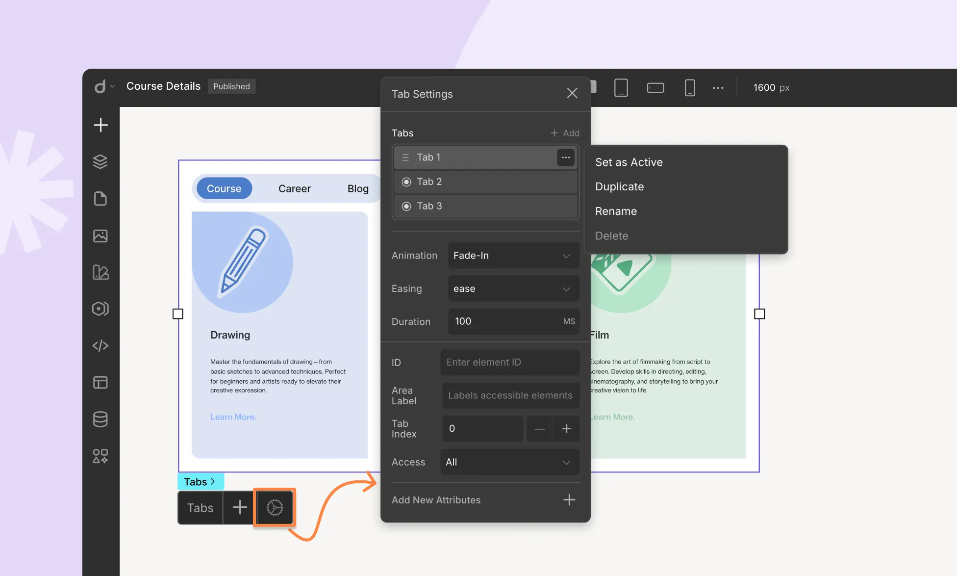 Tab Settings in Droip