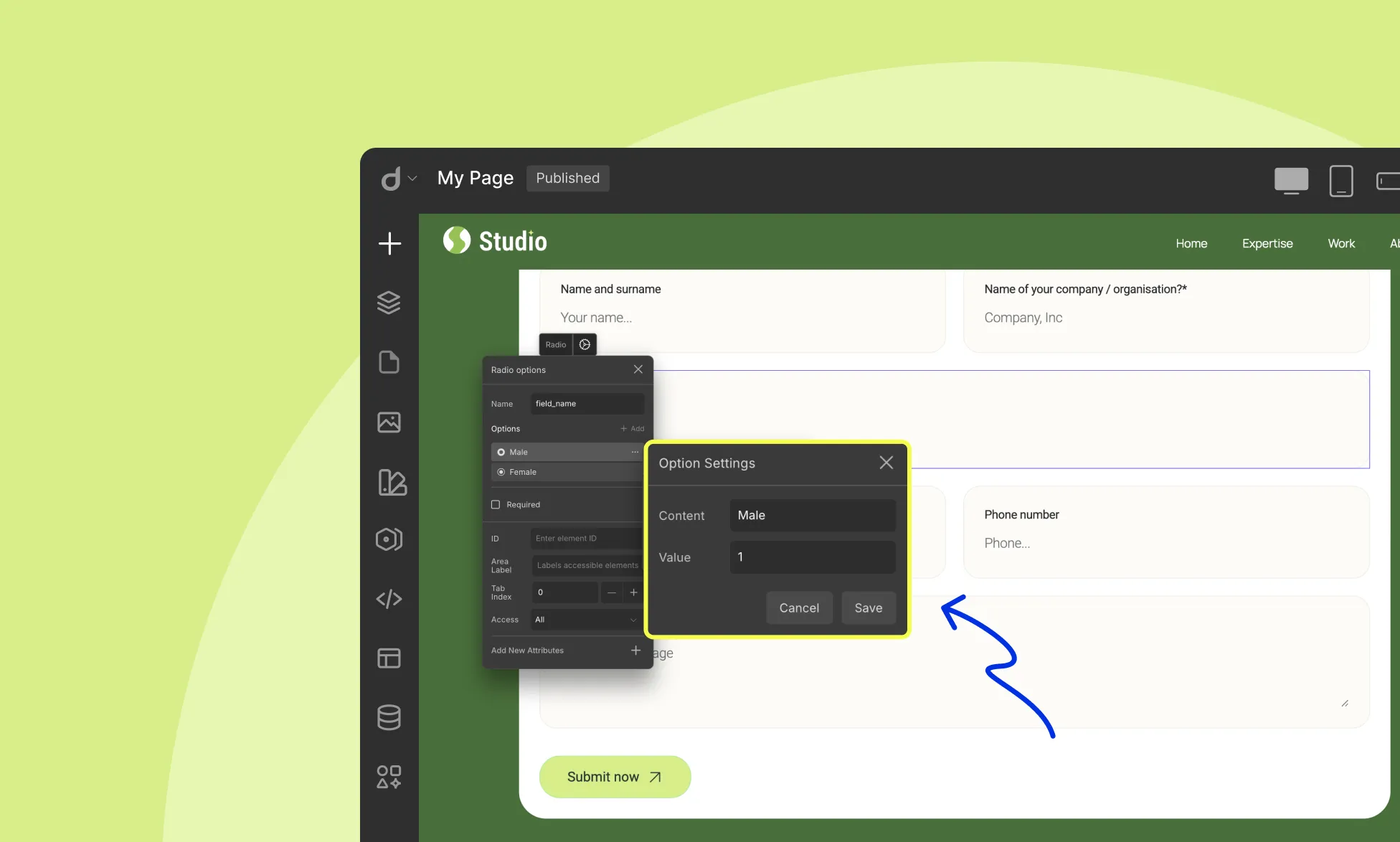 Set the content and value of radio fields