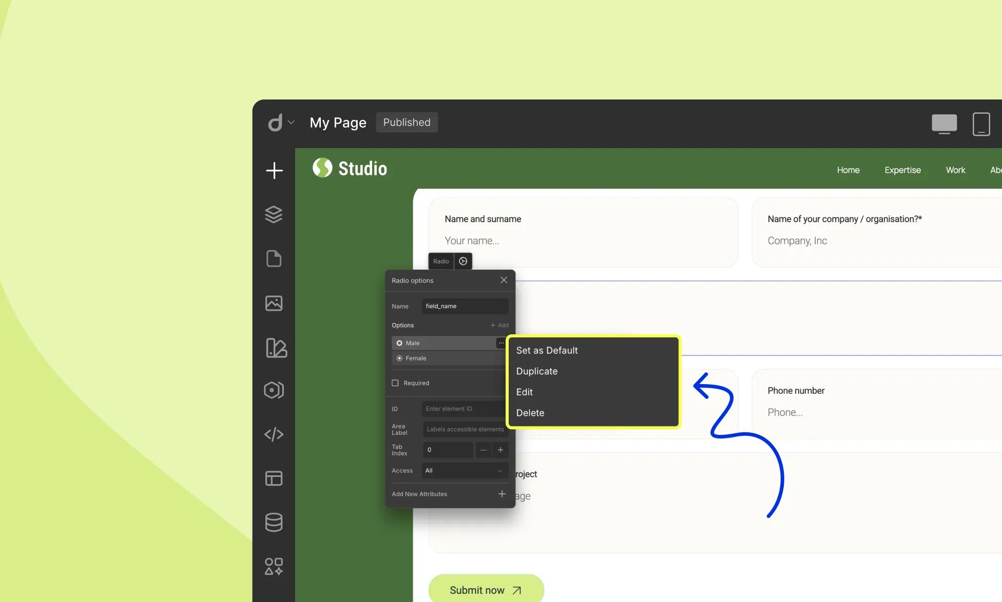 Manage the Radio field options in Droip 