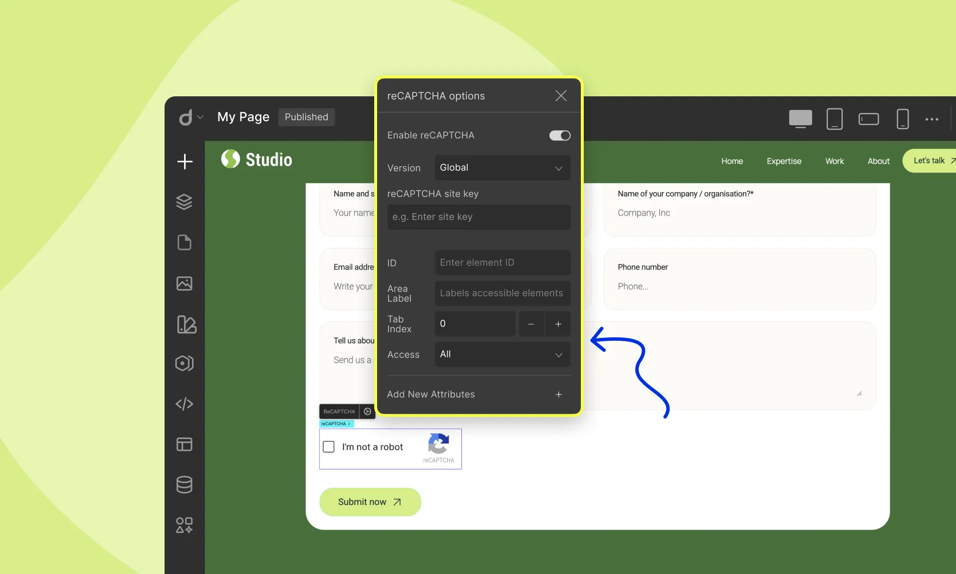 reCAPTCHA options in Droip forms
