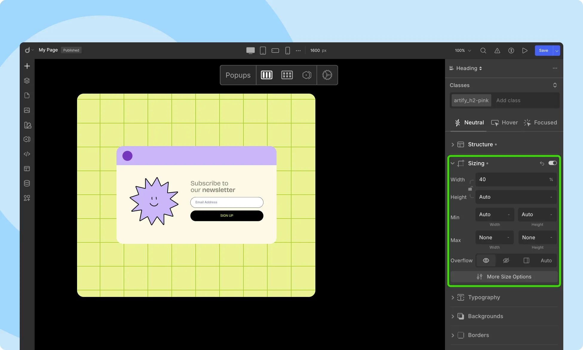 Size Panel in Droip