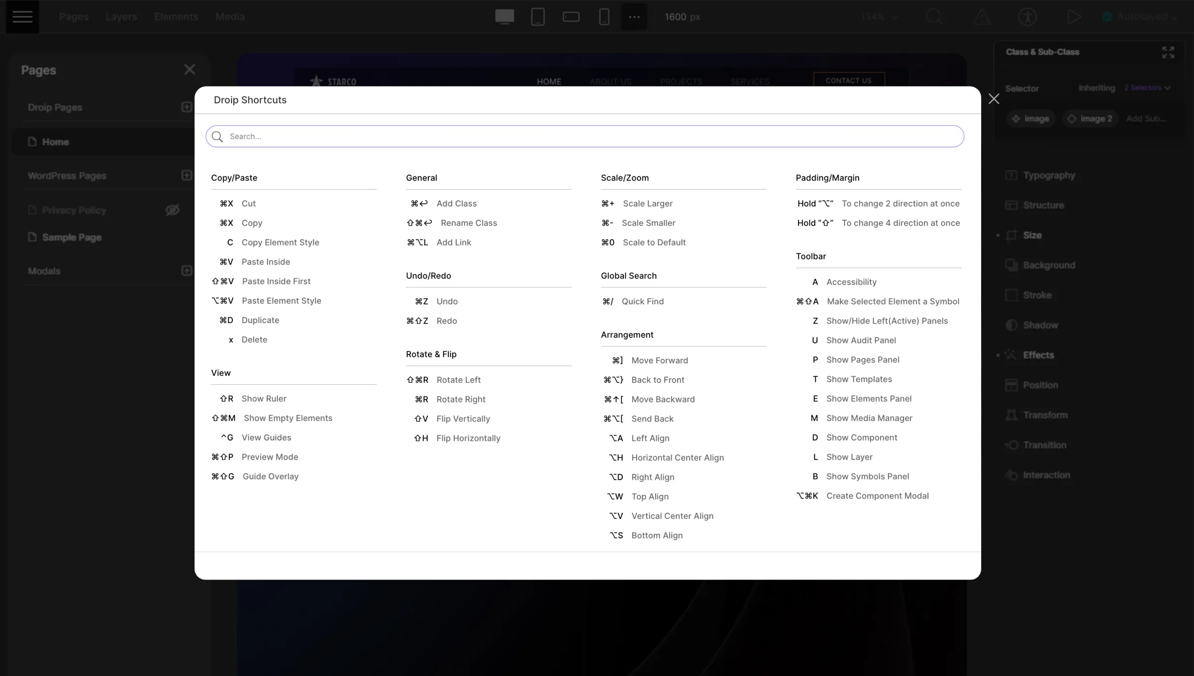 Keyboard shortcuts of Droip