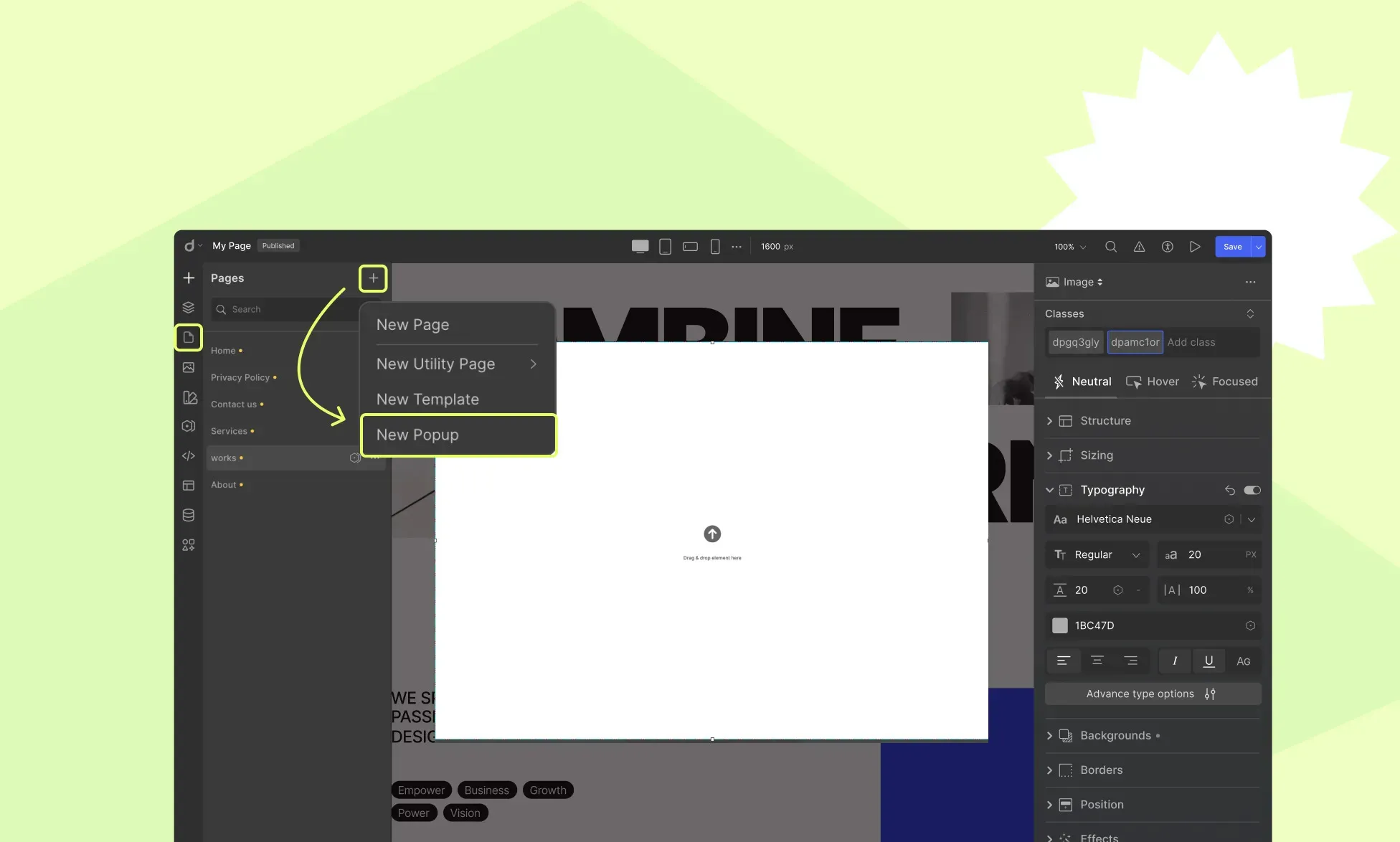 Droip Create New Pop-up