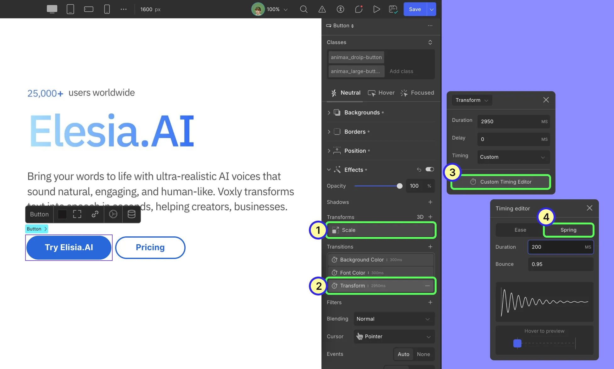 Scale a button on hover with a spring transition 