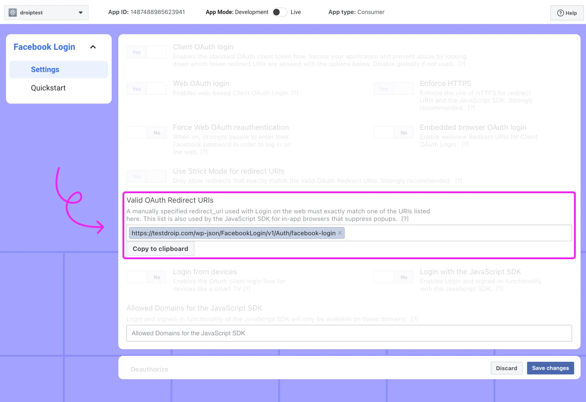 Enter Redirect URI to Set Up Facebook Login