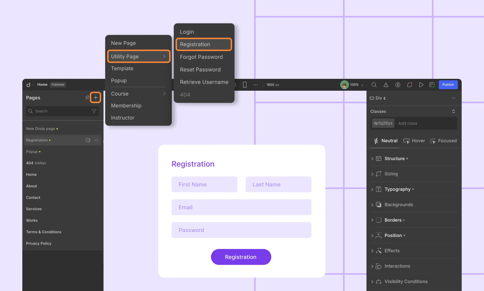 Create a Registration Page in Droip